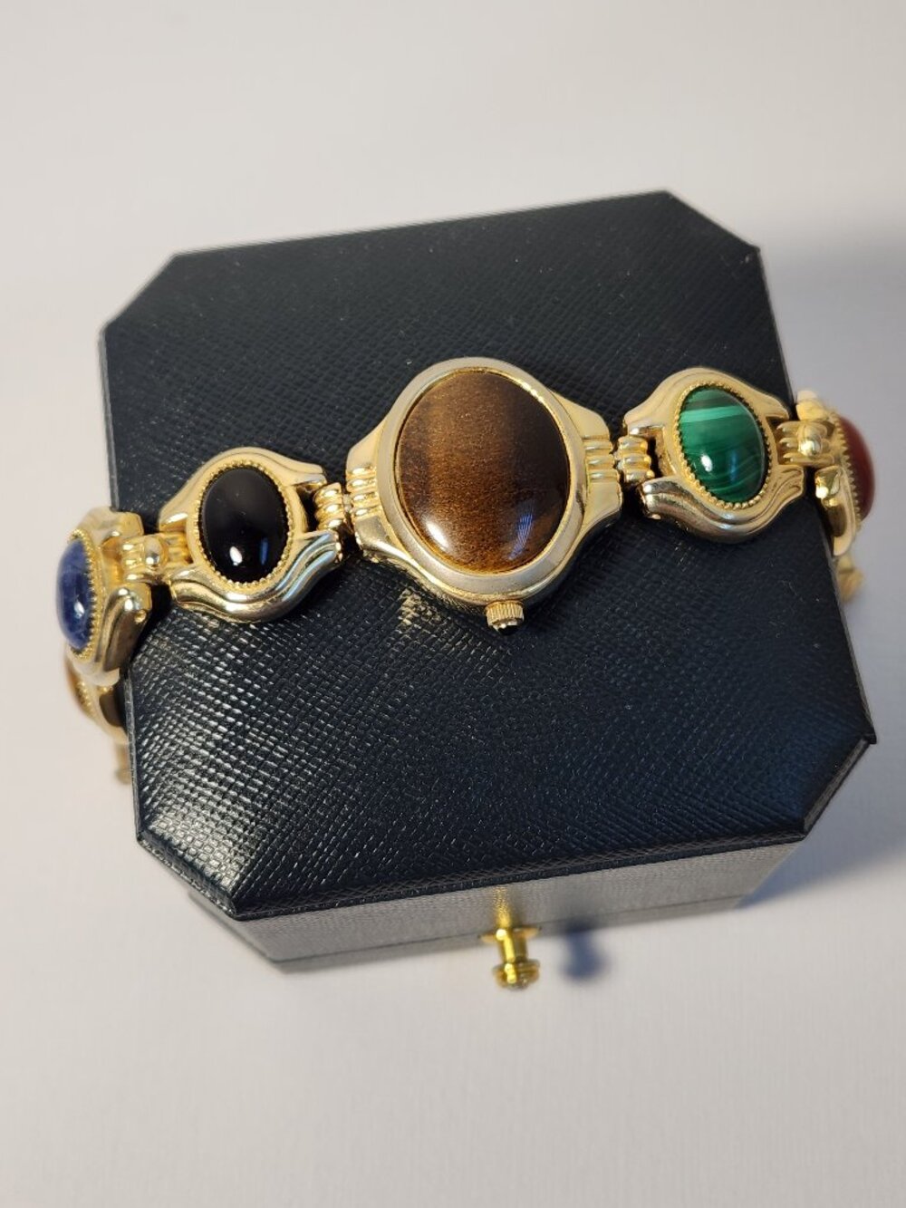 VTG 90's GRUEN Quartz Gemstone Bracelet Dual Face Watch 18K Tiger Eye Malachite